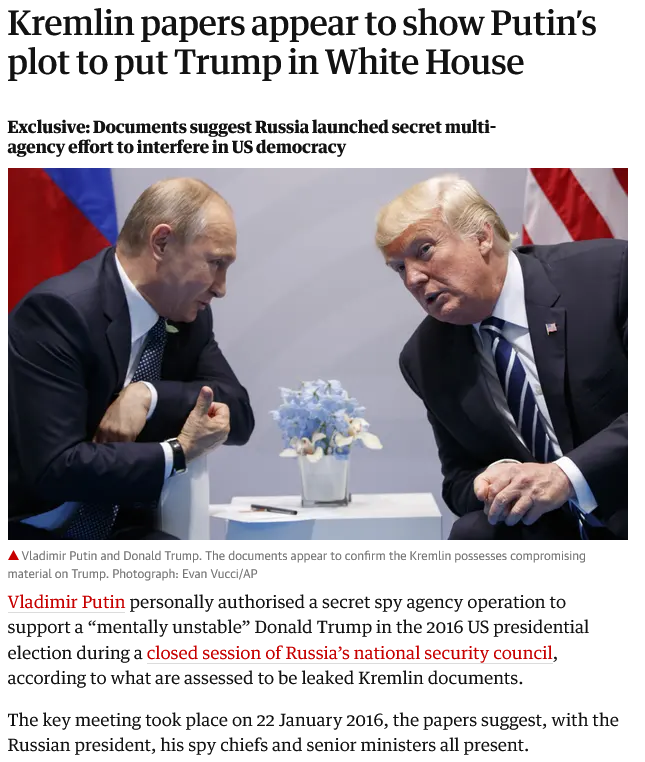 screenshot of article from The Guardian about Kremlin papers showing Putin and Trump connection