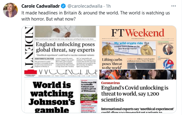 graphic of headlines about England undoing lockdown measures for pandemic