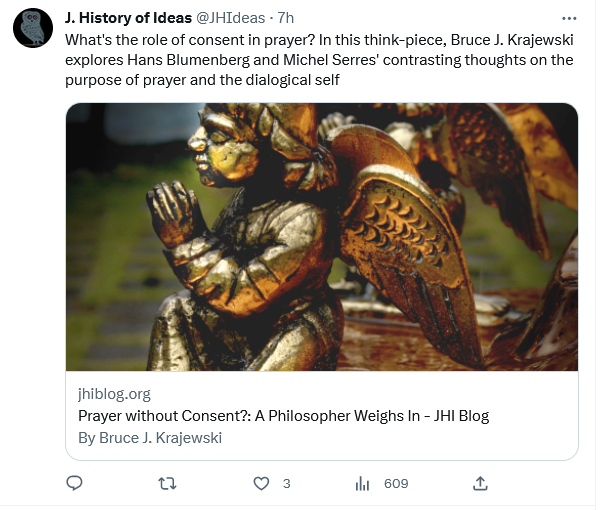 Image of Twitter posting about Blumenberg essay on prayer in the Blog of the Journal of the History of Ideas.